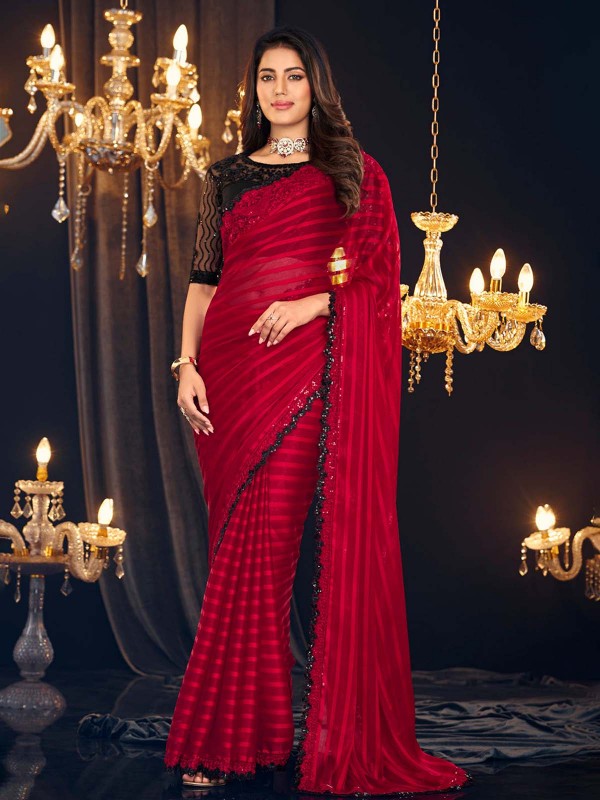 Red Shimmer Georgette Saree